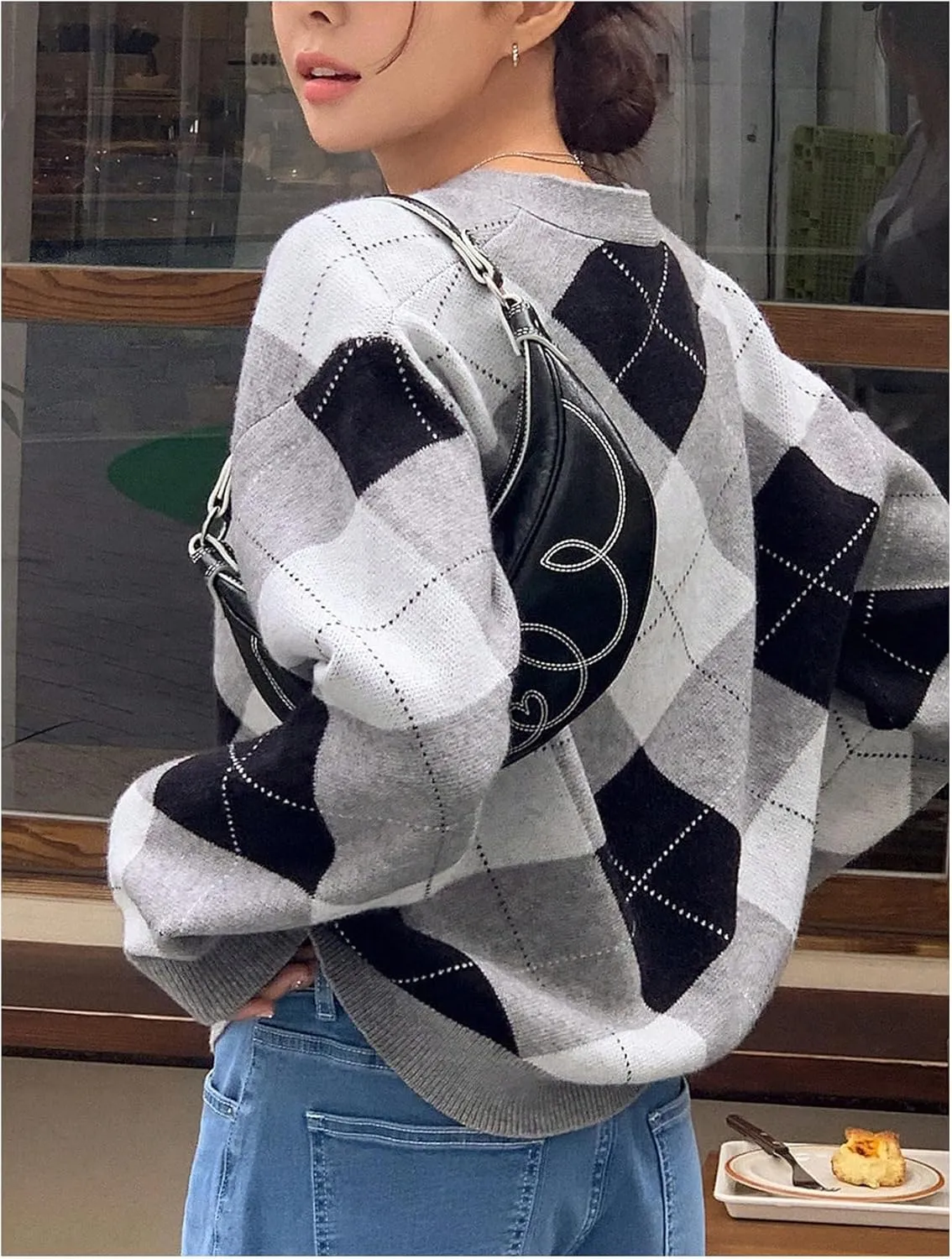 SHENHE Women's Argyle Sweater Button Down V Neck Plaid Cardigan Sweater Outerwear