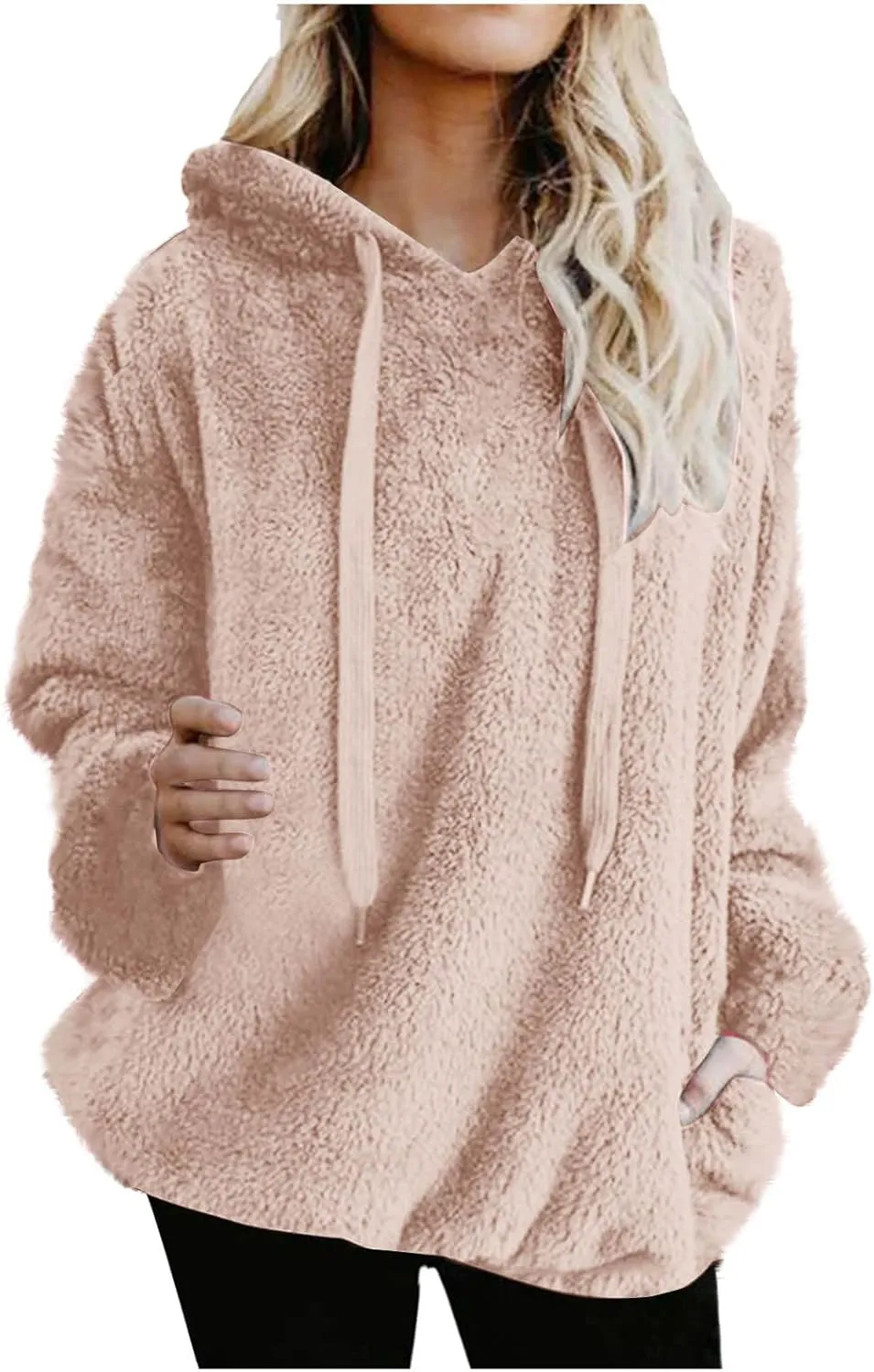 Solid Plush Hoodies for Women Drawstring Round Neck Fleece Pullover Sweatshirts 2025 Winter Oversized Hooded Tops