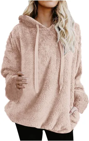 Solid Plush Hoodies for Women Drawstring Round Neck Fleece Pullover Sweatshirts 2025 Winter Oversized Hooded Tops