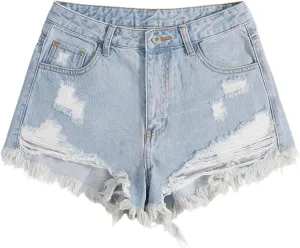 SOLY HUX Women's Ripped Raw Hem Jean Shorts High Waisted Straight Leg Denim Shorts Streetwear