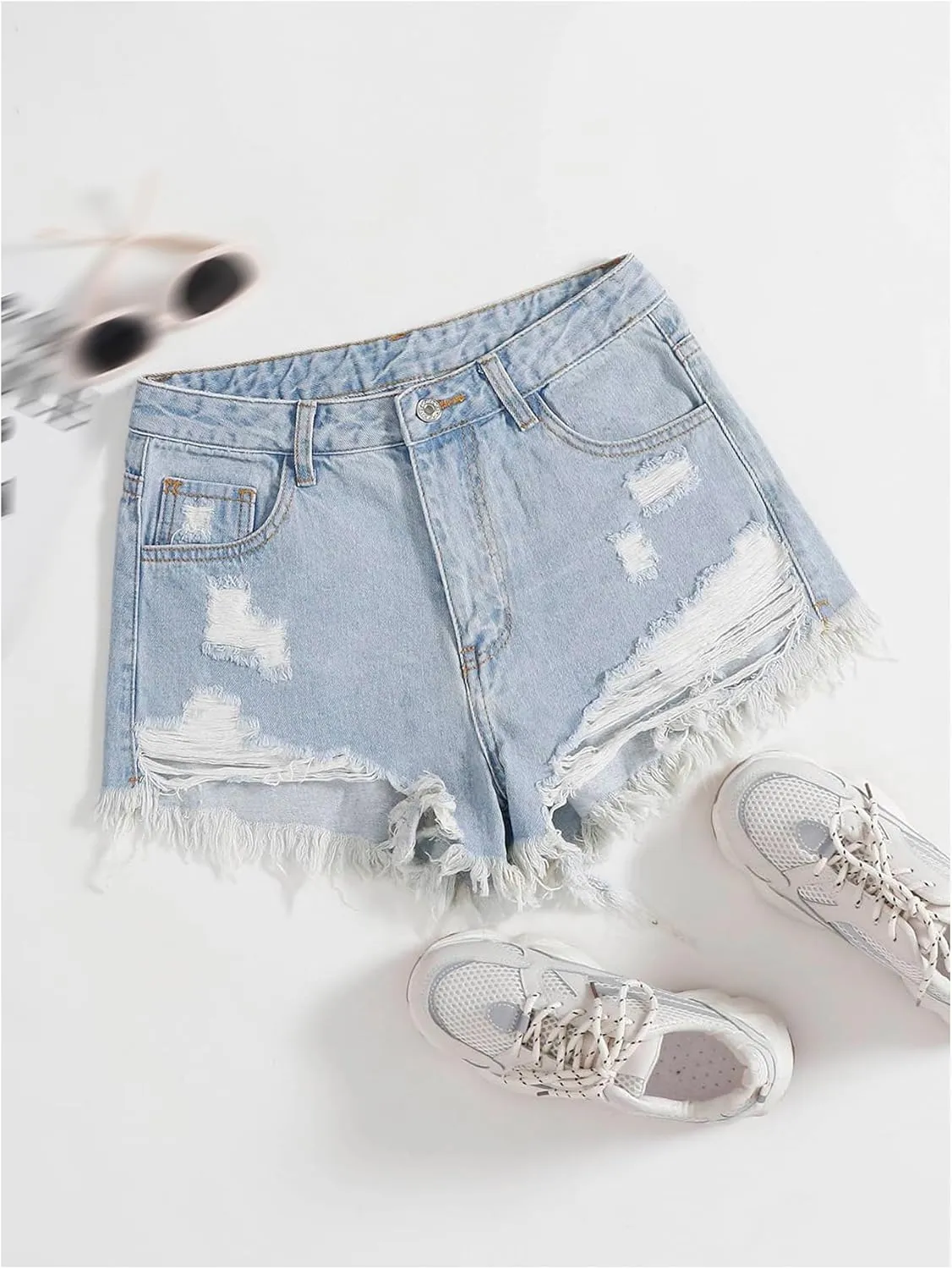 SOLY HUX Women's Ripped Raw Hem Jean Shorts High Waisted Straight Leg Denim Shorts Streetwear
