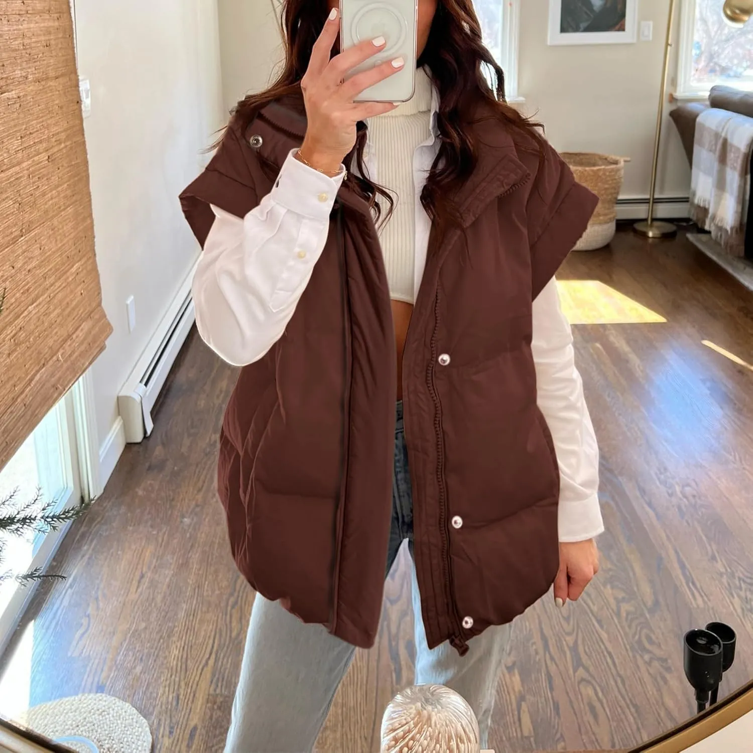 Songling Womens Oversized Puffer Vest Stand Collar Full Zip Sleeveless Bubble Puffer Vest Quilted Padded Warm Coat Outwear