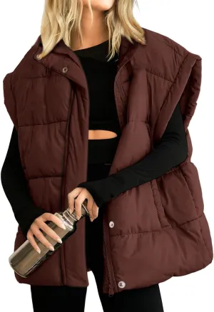 Songling Womens Oversized Puffer Vest Stand Collar Full Zip Sleeveless Bubble Puffer Vest Quilted Padded Warm Coat Outwear