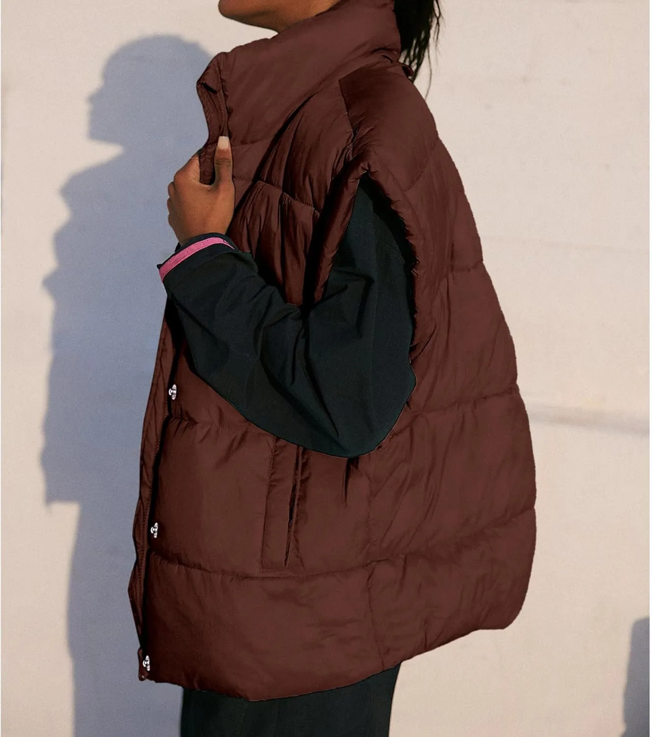 Songling Womens Oversized Puffer Vest Stand Collar Full Zip Sleeveless Bubble Puffer Vest Quilted Padded Warm Coat Outwear
