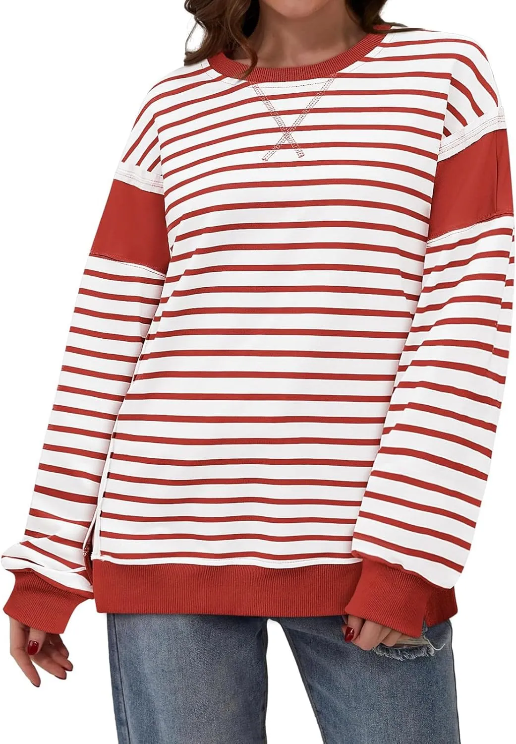 Striped Crew Neck Sweatshirts Women Cute Preppy Teen Girls Sweatshirts Comfy Y2k Fall Outfits Tops