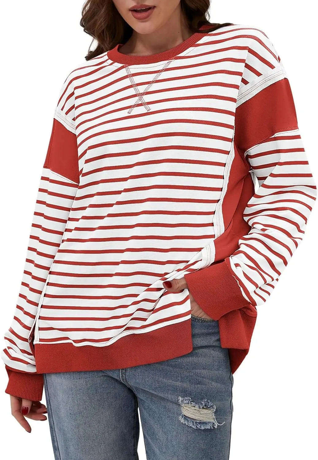 Striped Crew Neck Sweatshirts Women Cute Preppy Teen Girls Sweatshirts Comfy Y2k Fall Outfits Tops
