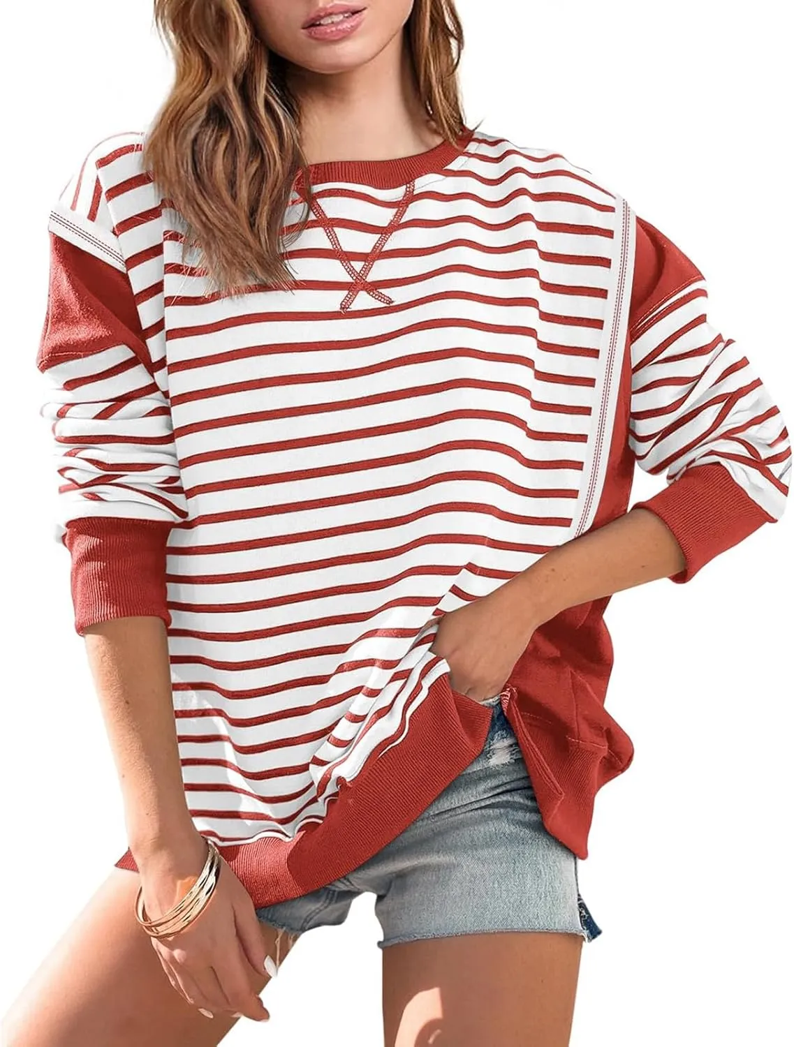 Striped Crew Neck Sweatshirts Women Cute Preppy Teen Girls Sweatshirts Comfy Y2k Fall Outfits Tops