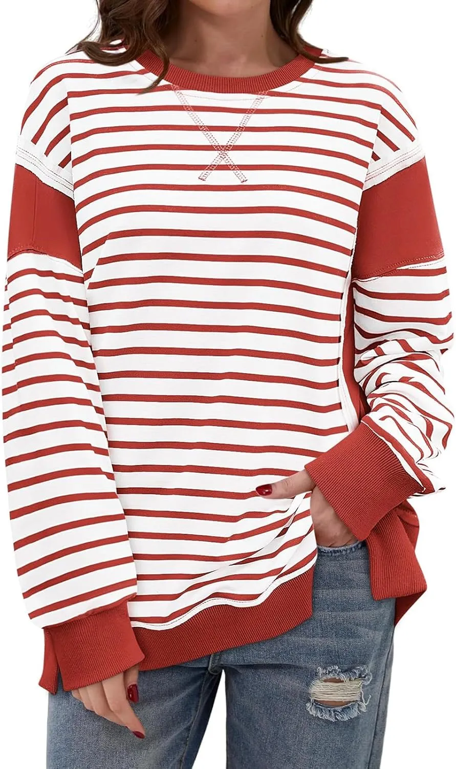 Striped Crew Neck Sweatshirts Women Cute Preppy Teen Girls Sweatshirts Comfy Y2k Fall Outfits Tops