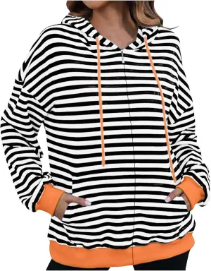 Striped Sweatshirt for Women Long Sleeve Hooded Sweatshirt Oversized Sweatshirt with Drawstring Fashion Hoodie