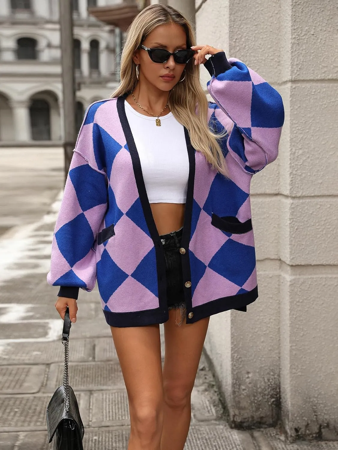 Sumleno Women Argyle Preppy Cardigan Sweaters Long Sleeve Button Open Front Oversized Knit Tops Fall Winter Y2k Outfits