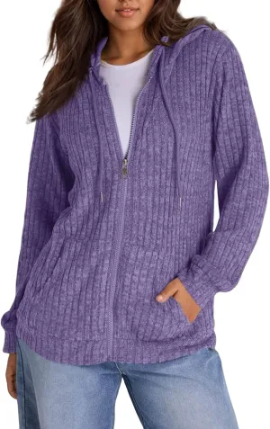 Sweaters for Women Long Sleeve Knitted Zip up Hoodies Ribbed Pullover Loose Casual Sweatshirts with Pocket