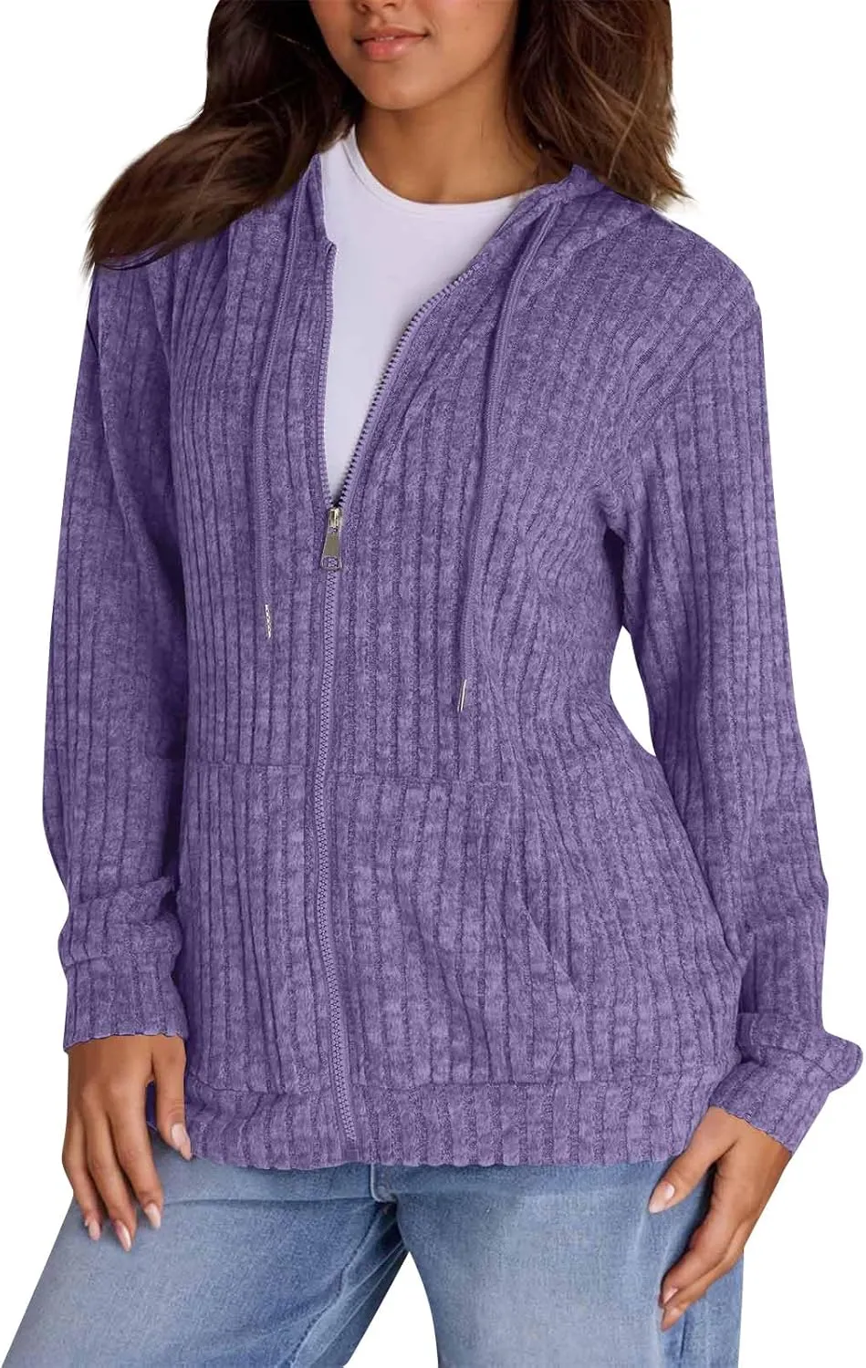 Sweaters for Women Long Sleeve Knitted Zip up Hoodies Ribbed Pullover Loose Casual Sweatshirts with Pocket