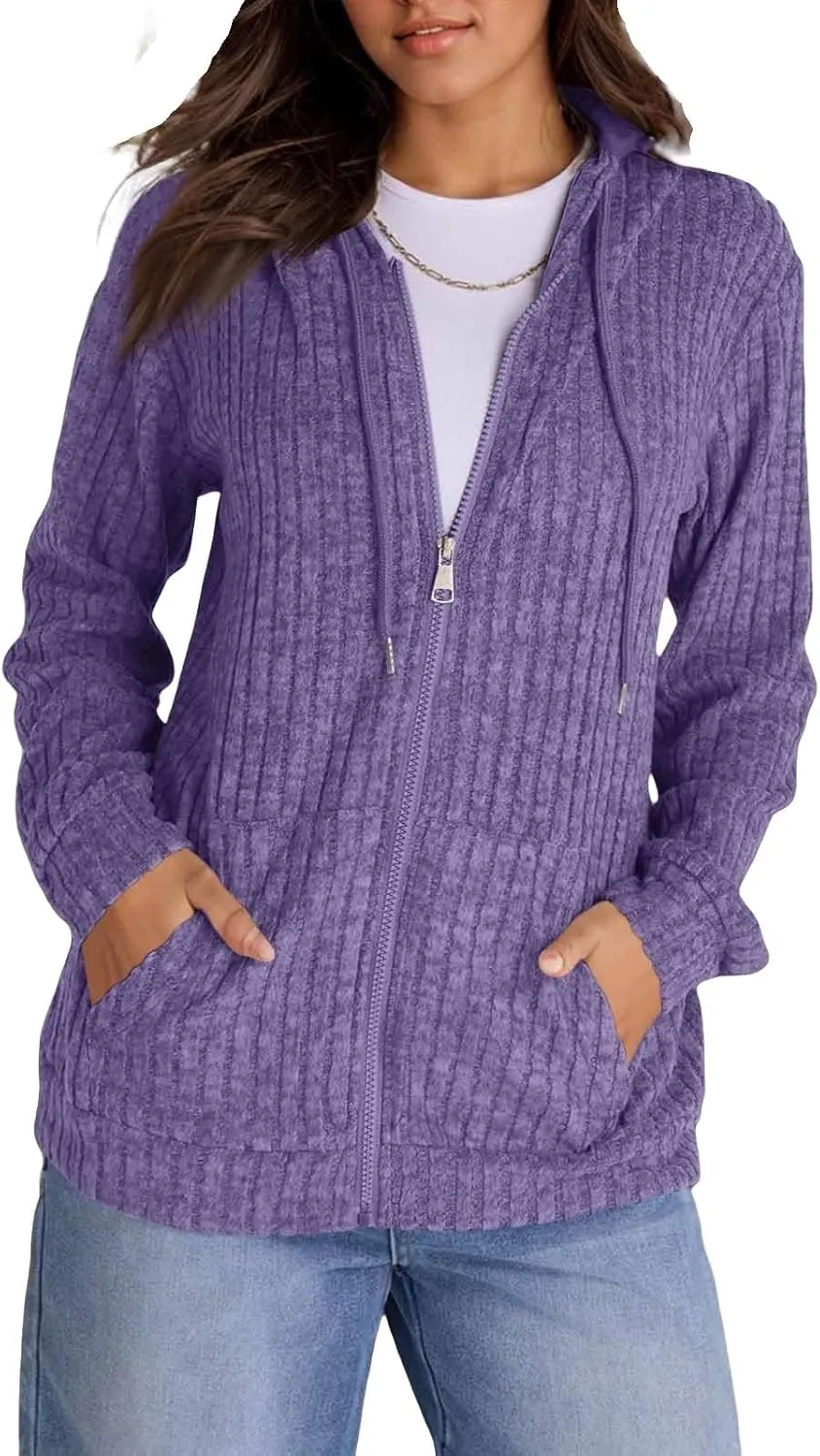 Sweaters for Women Long Sleeve Knitted Zip up Hoodies Ribbed Pullover Loose Casual Sweatshirts with Pocket
