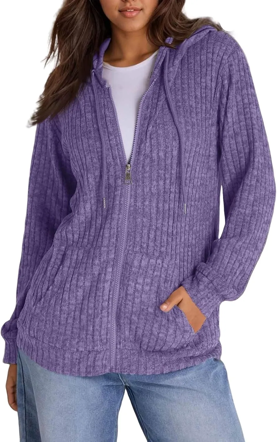 Sweaters for Women Long Sleeve Knitted Zip up Hoodies Ribbed Pullover Loose Casual Sweatshirts with Pocket