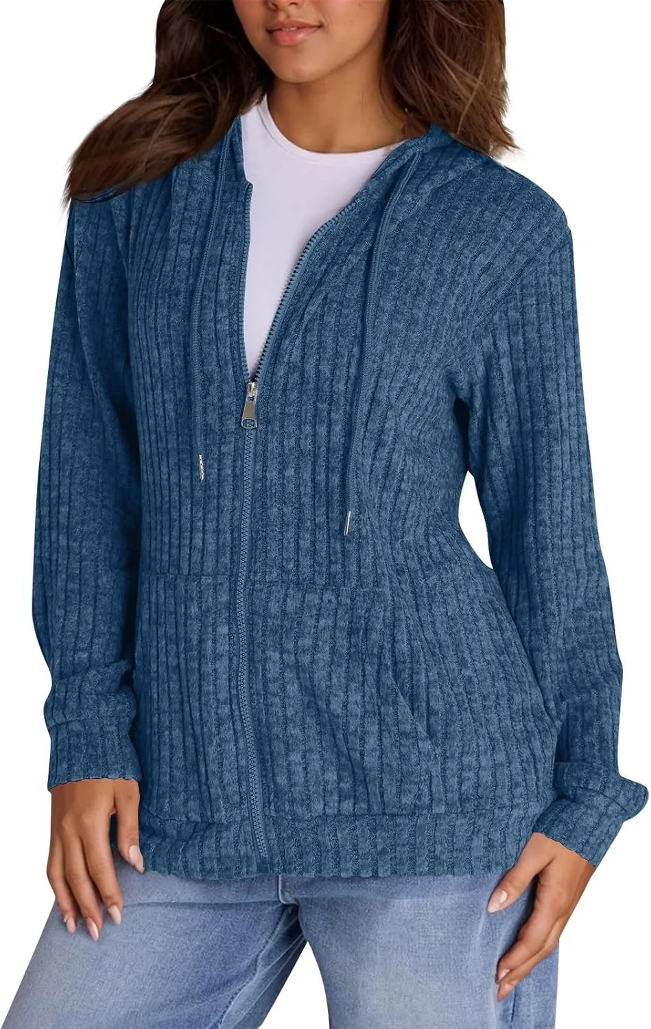 Sweaters for Women Long Sleeve Knitted Zip up Hoodies Ribbed Pullover Loose Casual Sweatshirts with Pocket