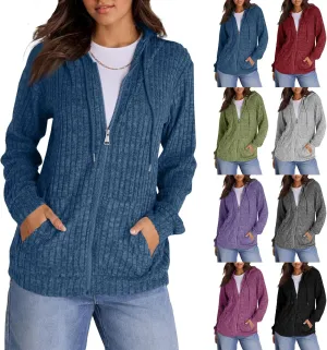 Sweaters for Women Long Sleeve Knitted Zip up Hoodies Ribbed Pullover Loose Casual Sweatshirts with Pocket