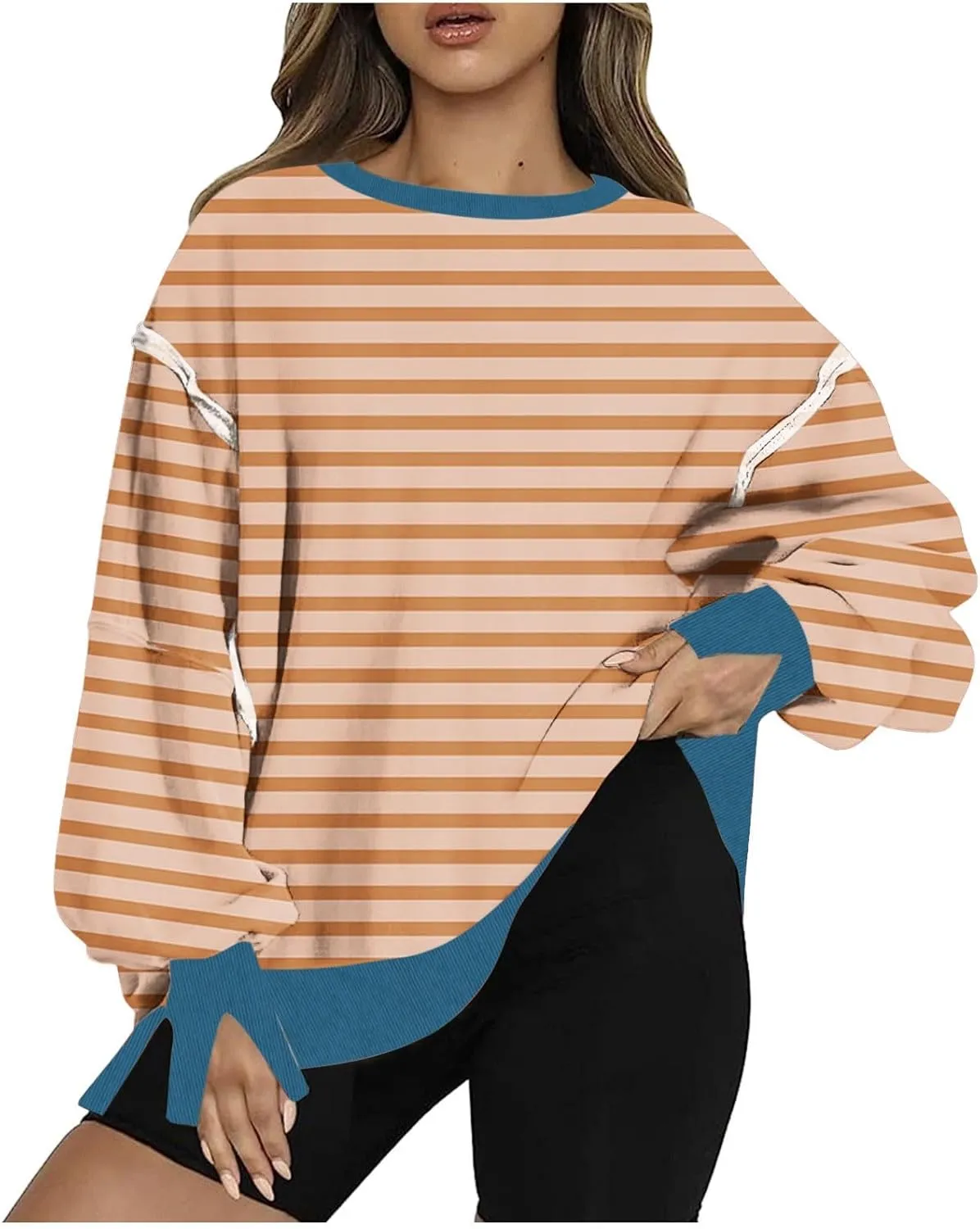 Sweatshirts for Women Striped Oversized Hoodies Long Sleeve Crewneck Fall Outfits Fashion Pullover Tops