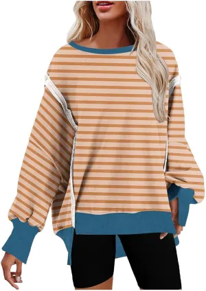 Sweatshirts for Women Striped Oversized Hoodies Long Sleeve Crewneck Fall Outfits Fashion Pullover Tops