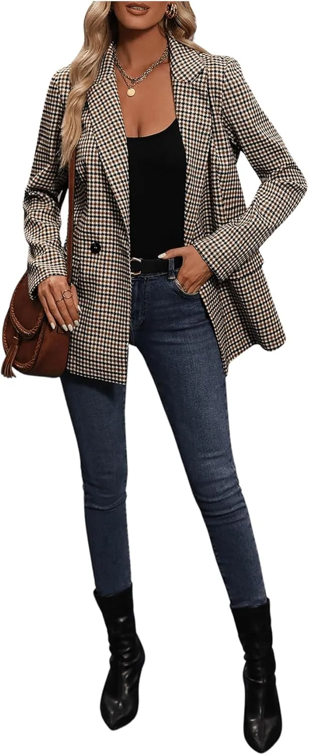 SweatyRocks Women's Casual Lapel Blazer Jacket Plaid Double Breasted Gingham Suit Coat