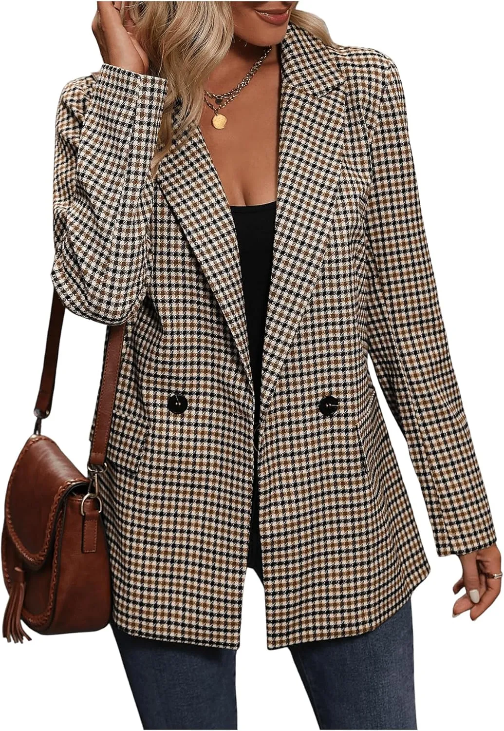 SweatyRocks Women's Casual Lapel Blazer Jacket Plaid Double Breasted Gingham Suit Coat