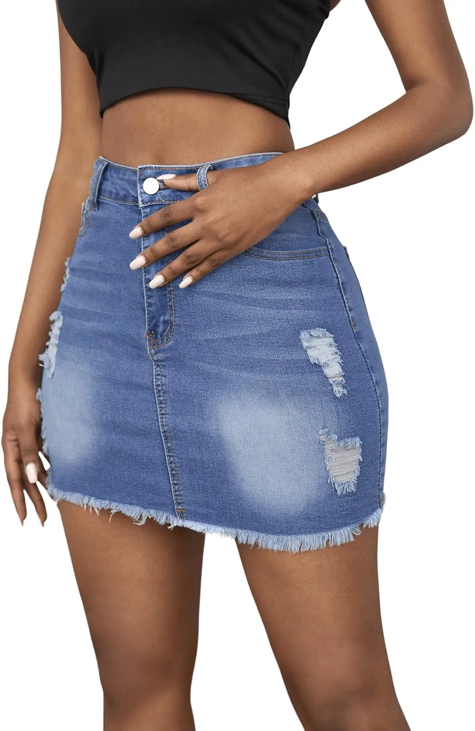 SweatyRocks Women's Casual Ripped Jean Skirt High Waist Raw Hem Mini Denim Skirts