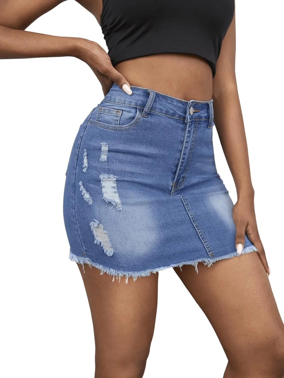 SweatyRocks Women's Casual Ripped Jean Skirt High Waist Raw Hem Mini Denim Skirts
