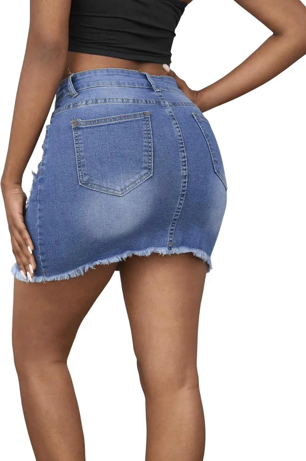 SweatyRocks Women's Casual Ripped Jean Skirt High Waist Raw Hem Mini Denim Skirts