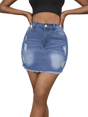 SweatyRocks Women's Casual Ripped Jean Skirt High Waist Raw Hem Mini Denim Skirts