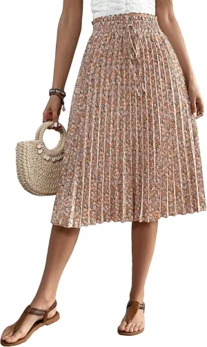 SweatyRocks Women's Ditsy Floral Print Pleated Skirt High Waist Knot Front A-Line Midi Skirts