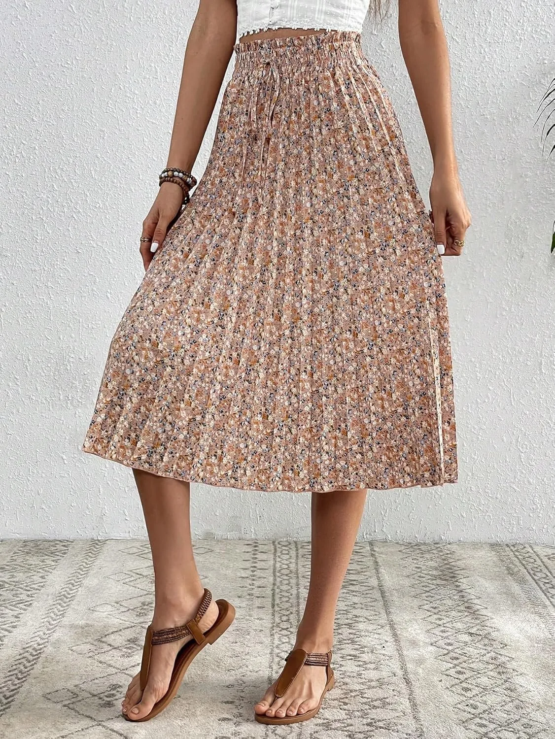 SweatyRocks Women's Ditsy Floral Print Pleated Skirt High Waist Knot Front A-Line Midi Skirts