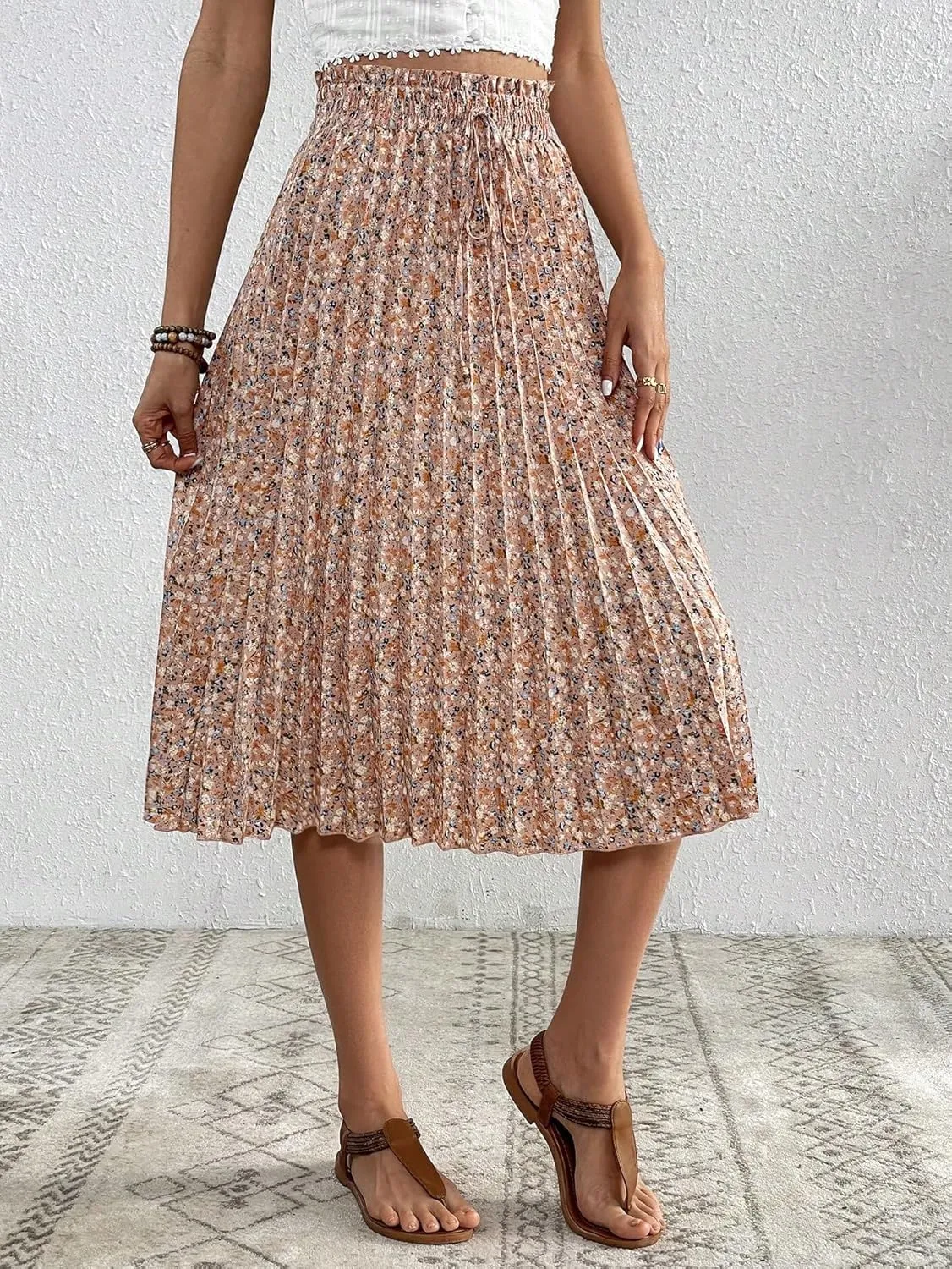 SweatyRocks Women's Ditsy Floral Print Pleated Skirt High Waist Knot Front A-Line Midi Skirts