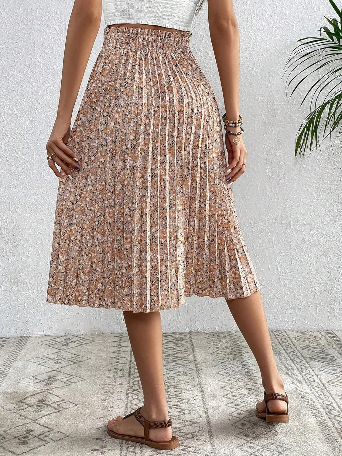 SweatyRocks Women's Ditsy Floral Print Pleated Skirt High Waist Knot Front A-Line Midi Skirts