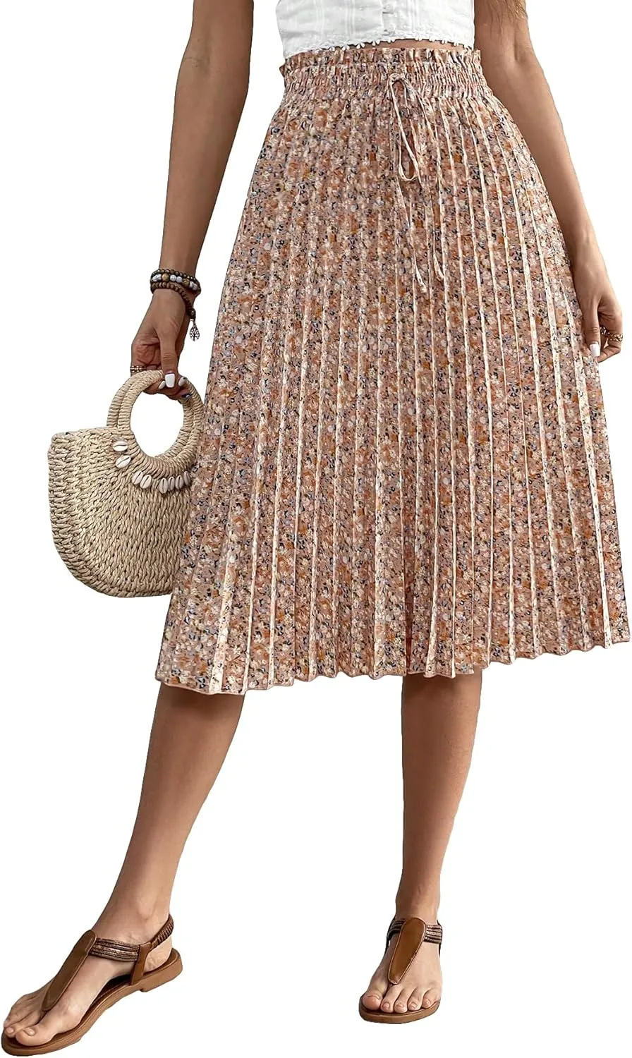 SweatyRocks Women's Ditsy Floral Print Pleated Skirt High Waist Knot Front A-Line Midi Skirts