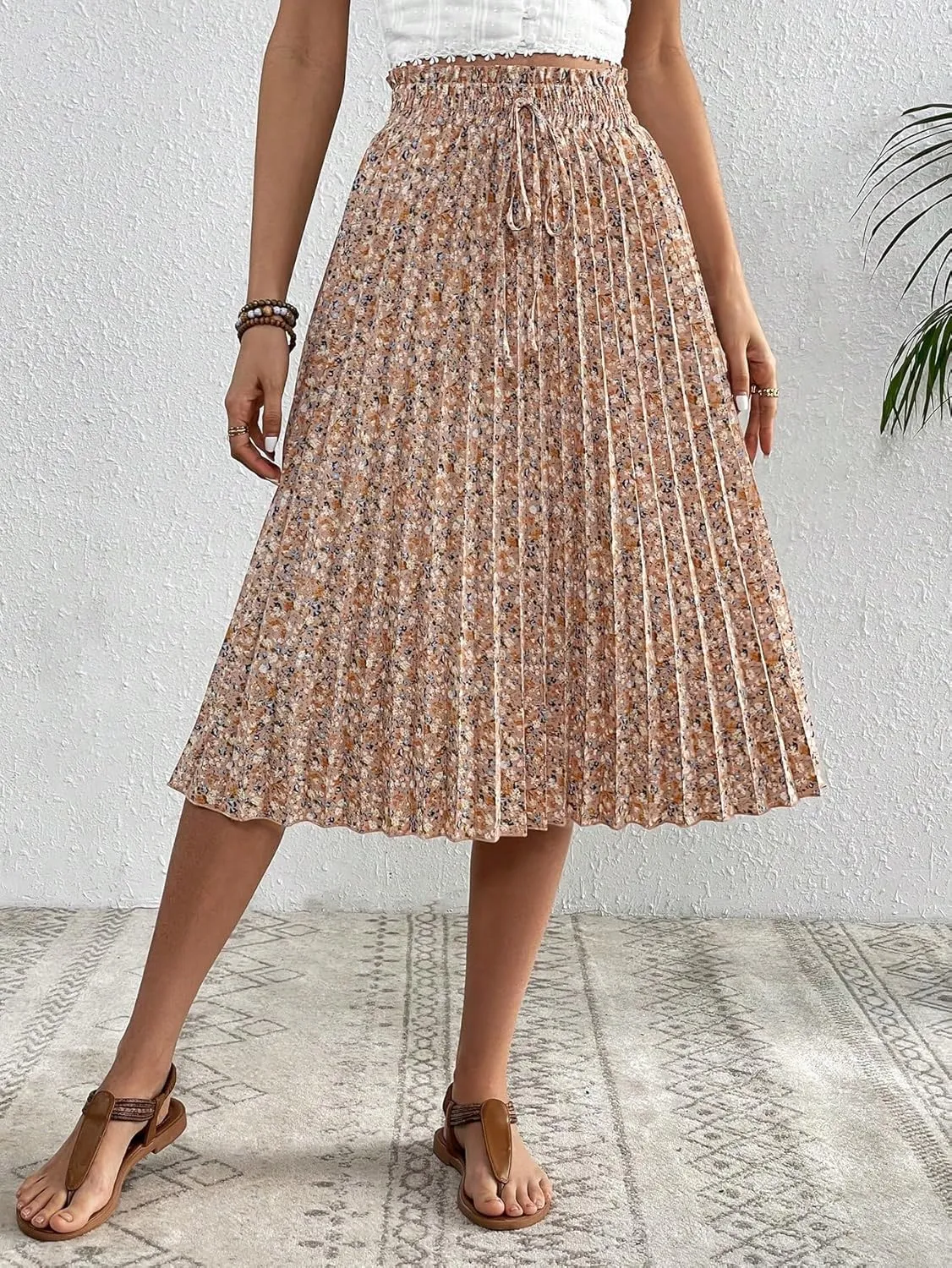 SweatyRocks Women's Ditsy Floral Print Pleated Skirt High Waist Knot Front A-Line Midi Skirts