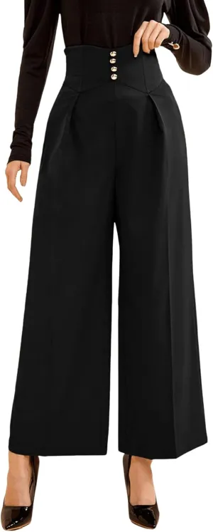 SweatyRocks Women's Elegant High Waist Pleated Pants Button Front Wide Leg Trouser Pants