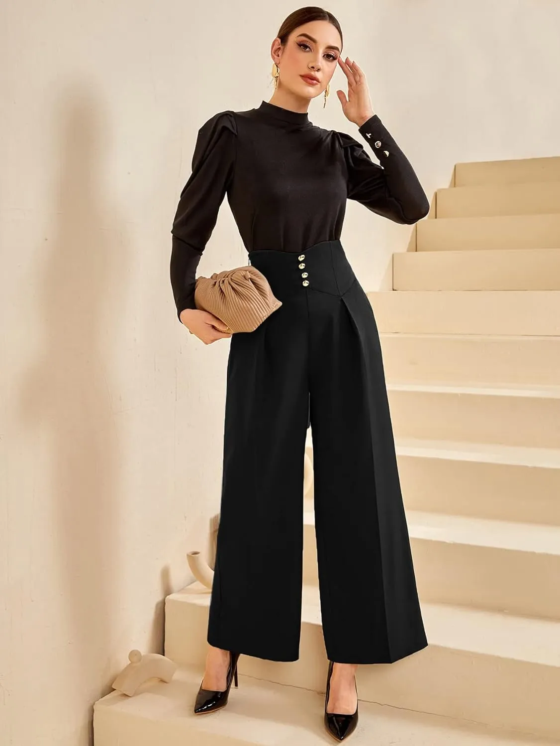 SweatyRocks Women's Elegant High Waist Pleated Pants Button Front Wide Leg Trouser Pants