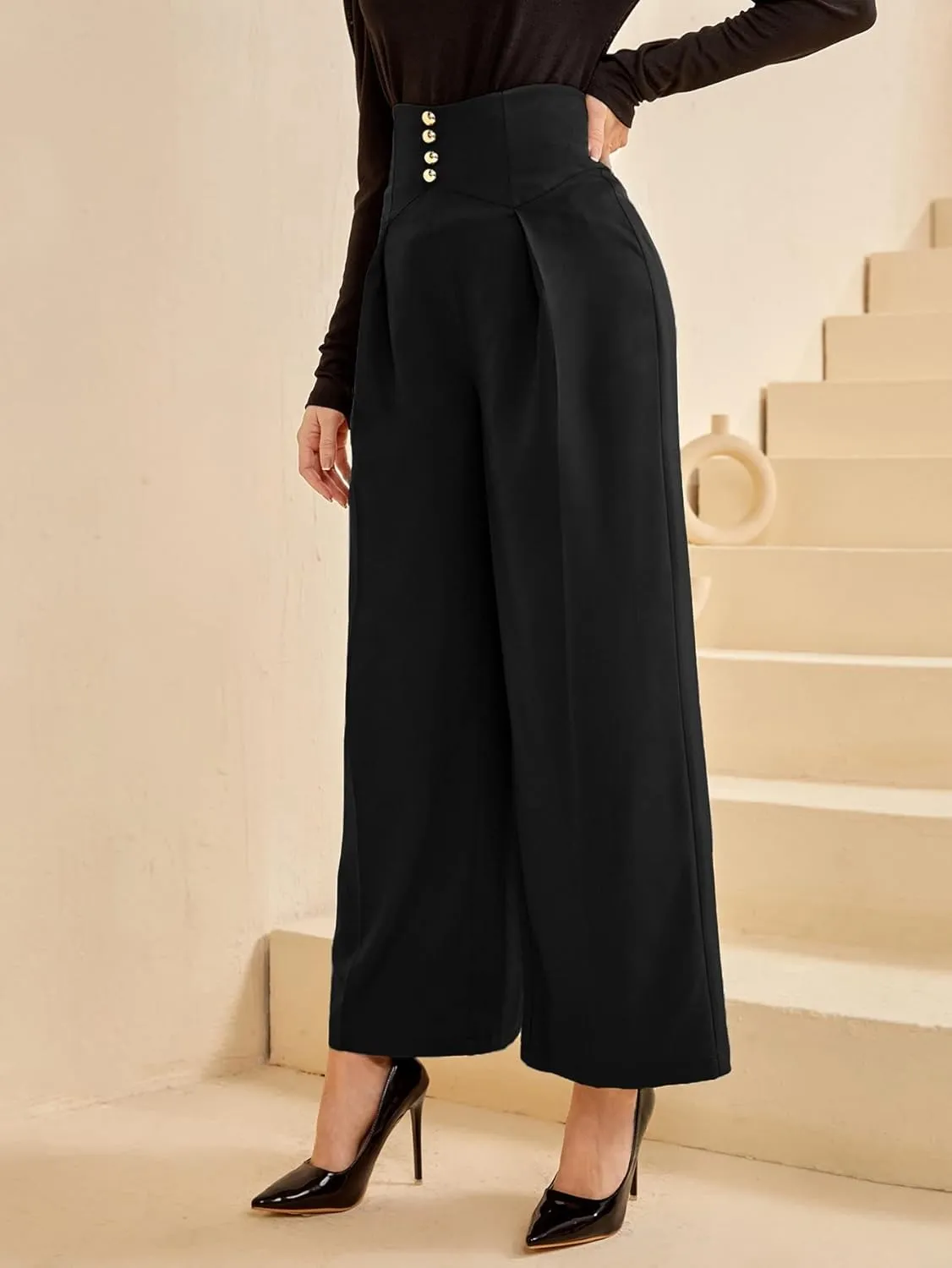 SweatyRocks Women's Elegant High Waist Pleated Pants Button Front Wide Leg Trouser Pants