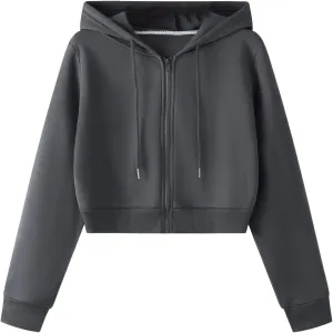 SweatyRocks Women's Long Sleeve Drawstring Full Zip Hooded Jacket Crop Sweatshirt