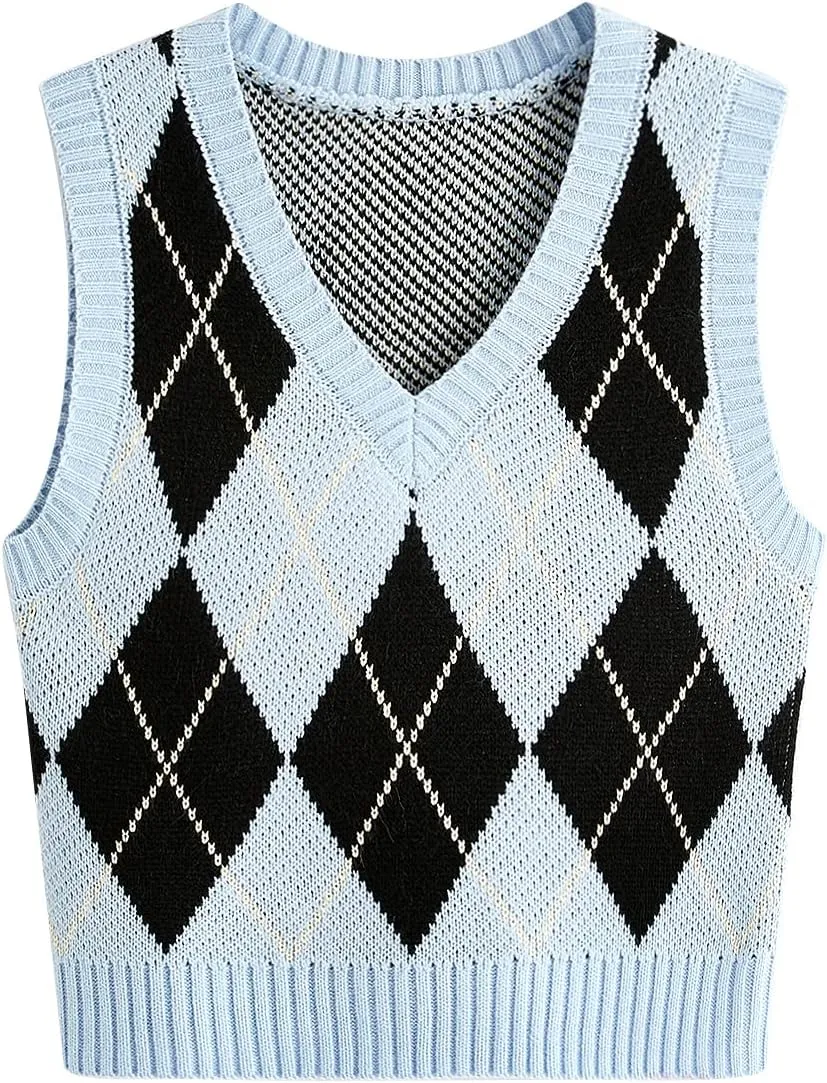 SweatyRocks Women's Plaid Geo Sleeveless V Neck Knit Crop Top Sweater Vest