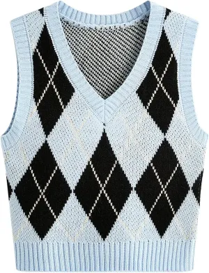 SweatyRocks Women's Plaid Geo Sleeveless V Neck Knit Crop Top Sweater Vest
