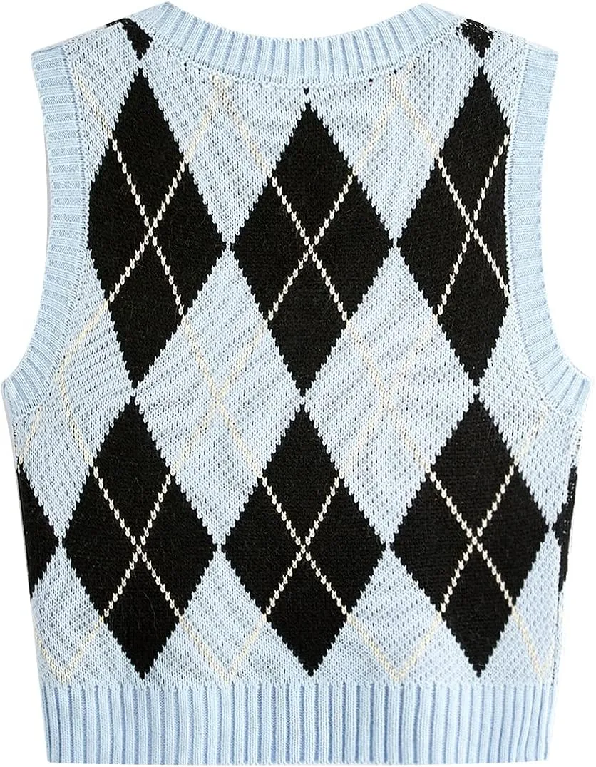 SweatyRocks Women's Plaid Geo Sleeveless V Neck Knit Crop Top Sweater Vest