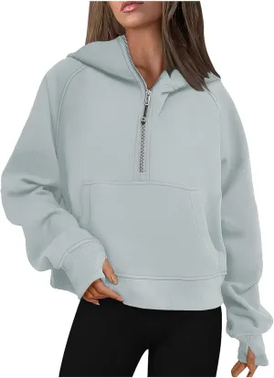 TANGNADE Hooded Sweatshirts Women Half Zip Cropped Fleece Pullover Quarter Zipper Thumb Hole Hoodies with Pockets
