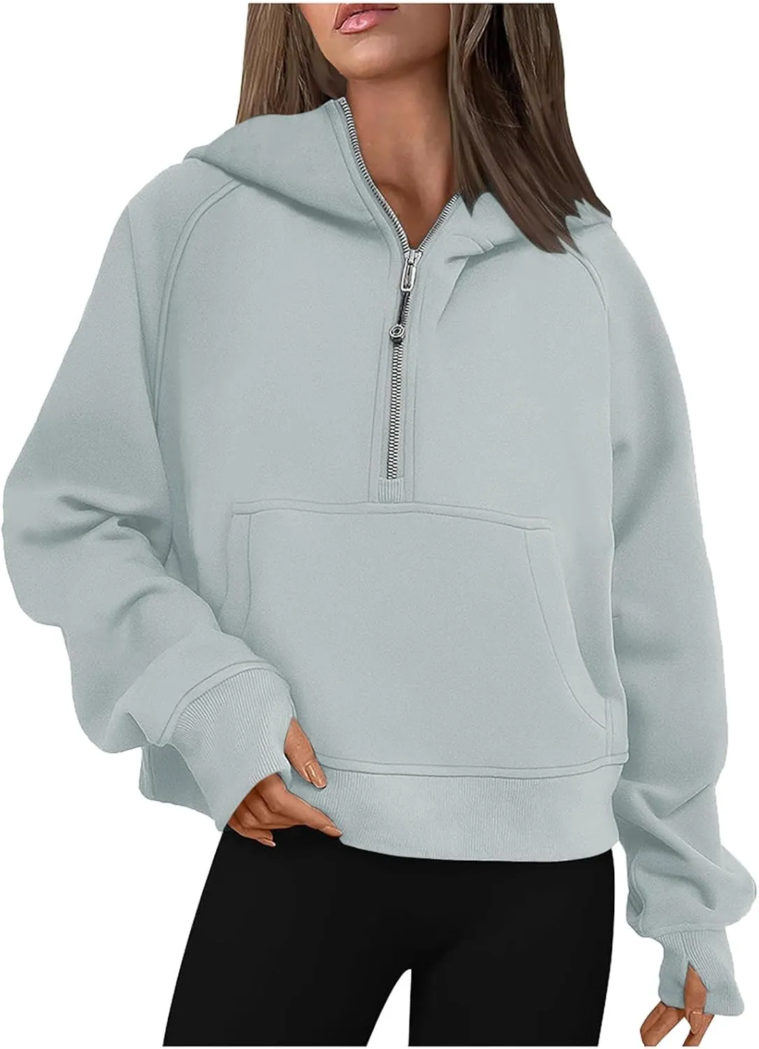 TANGNADE Hooded Sweatshirts Women Half Zip Cropped Fleece Pullover Quarter Zipper Thumb Hole Hoodies with Pockets