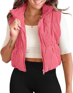 Tankaneo Womens Cropped Puffer Vest Corduroy Lightweight Sleeveless Padded Coat Zip Up Warm Outerwear