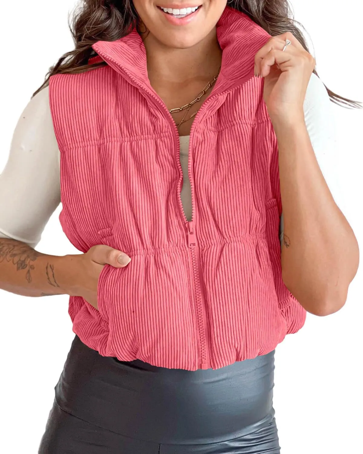 Tankaneo Womens Cropped Puffer Vest Corduroy Lightweight Sleeveless Padded Coat Zip Up Warm Outerwear