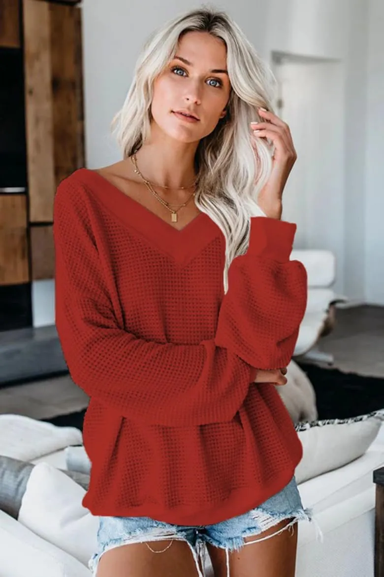 Tobrief Women's V Neck Long Sleeve Waffle Knit Tops Off Shoulder Oversized Pullover Sweater