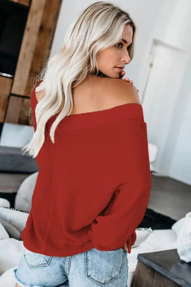 Tobrief Women's V Neck Long Sleeve Waffle Knit Tops Off Shoulder Oversized Pullover Sweater