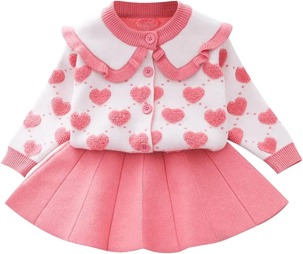 Toddler Girls Fall Winter Outfit Knitted Buttons Sweater Top Mini Skirt Ruffle Long Sleeve Tutu Dress 2PCS Clothes Set