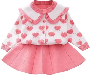 Toddler Girls Fall Winter Outfit Knitted Buttons Sweater Top Mini Skirt Ruffle Long Sleeve Tutu Dress 2PCS Clothes Set