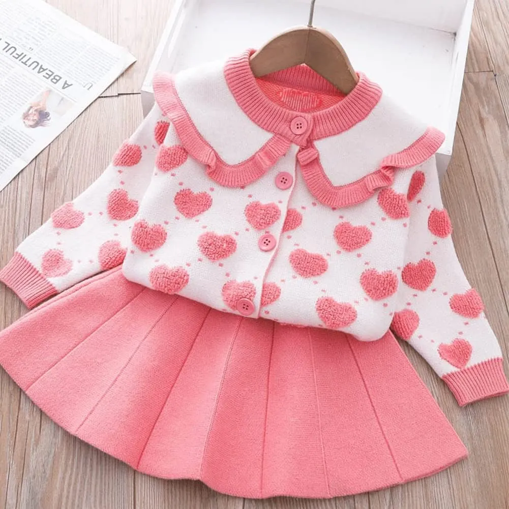 Toddler Girls Fall Winter Outfit Knitted Buttons Sweater Top Mini Skirt Ruffle Long Sleeve Tutu Dress 2PCS Clothes Set